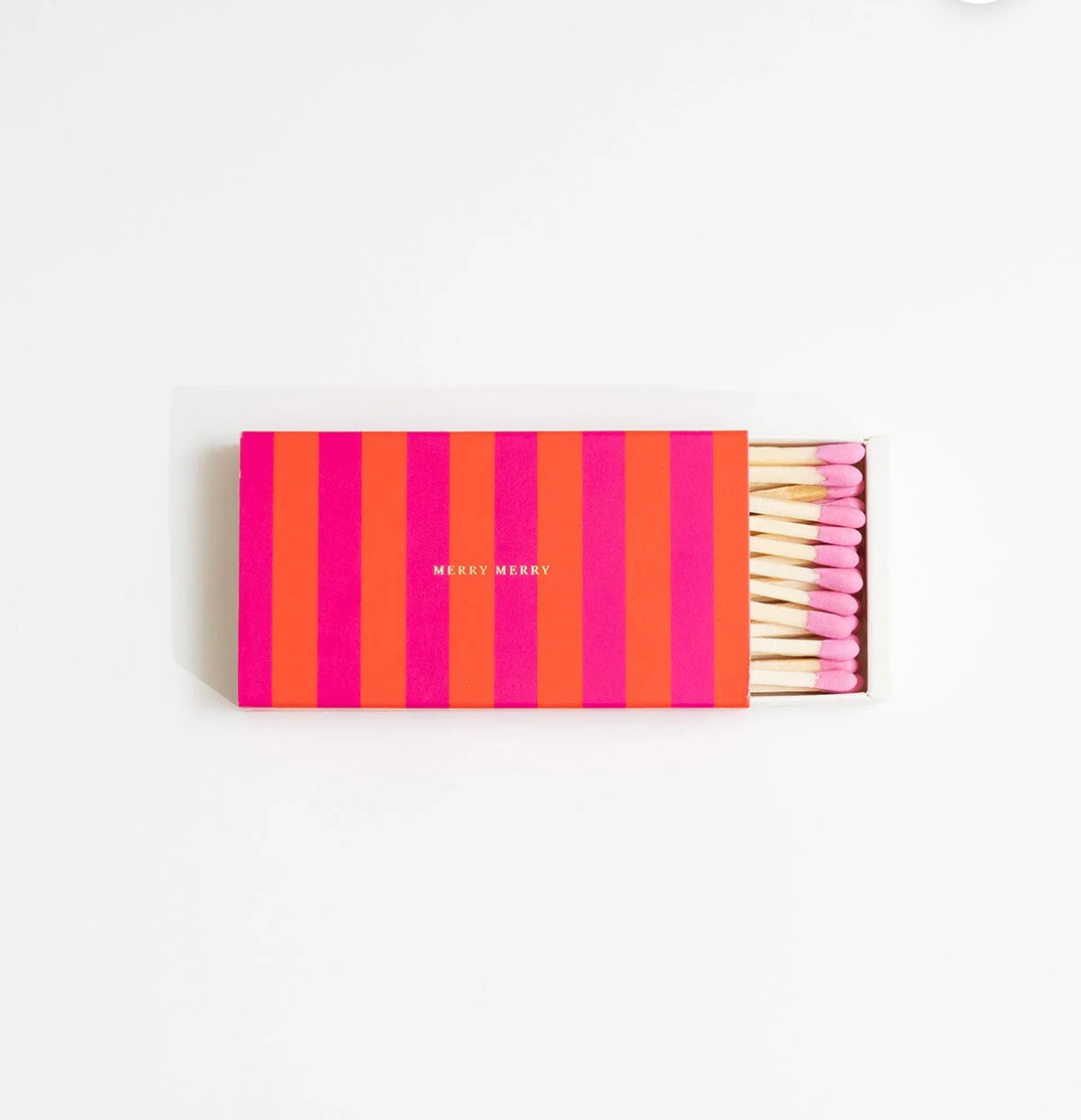 Matchbox with pink and orange stripes and 'Merry Merry' text on a white background